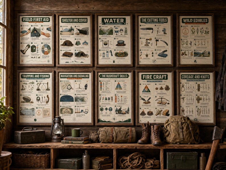 K&ouml;nnte beinhalten: Zehn gerahmte Lehrplakate an einer Wand, die detaillierte Illustrationen und Texte zu &Uuml;berlebensfertigkeiten zeigen, darunter Erste Hilfe, Unterk&uuml;nfte, Wasser, Schneidewerkzeuge, essbare Wildpflanzen, Fallenstellen, Navigation und Knoten.