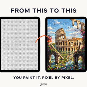 May include: Two tablets displaying a digital paint-by-number process. The left screen shows a grid of letters, while the right screen shows a completed, colorful painting of the Roman Colosseum surrounded by water and flowers. Text reads FROM THIS TO THIS.