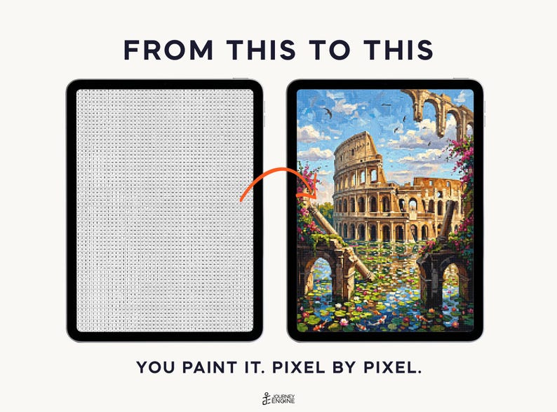 May include: Two tablets displaying a digital paint-by-number process. The left screen shows a grid of letters, while the right screen shows a completed, colorful painting of the Roman Colosseum surrounded by water and flowers. Text reads FROM THIS TO THIS.