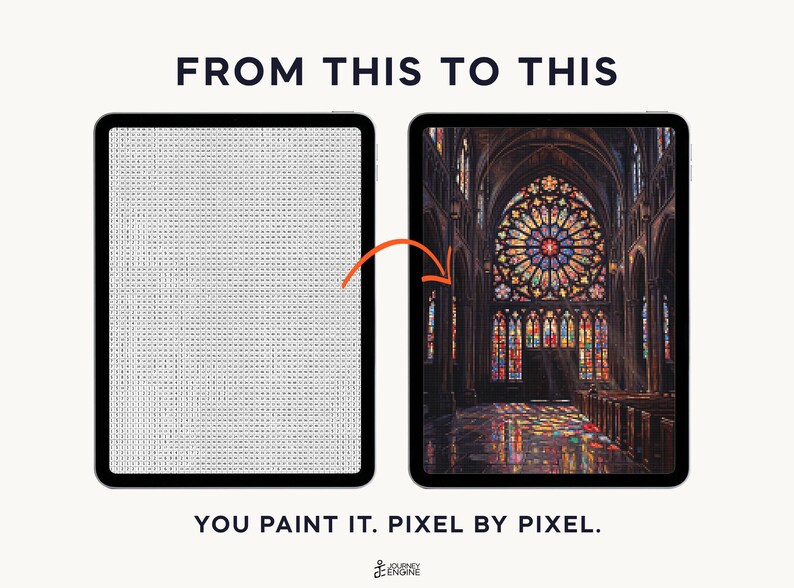 May include: Two tablets displaying a transformation process. The left screen shows a grid of letters and numbers, while the right screen displays a colorful stained glass cathedral interior. Text reads FROM THIS TO THIS and YOU PAINT IT. PIXEL BY PIXEL.