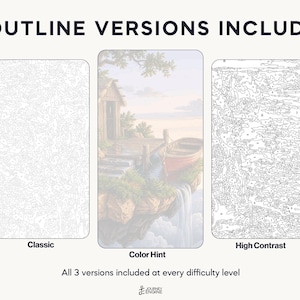 May include: Three paint-by-number templates labeled 3 OUTLINE VERSIONS INCLUDED. The left is a classic light gray outline, the center is a color hint version showing a cabin by a waterfall, and the right is a high contrast black outline.