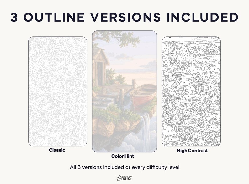 May include: Three paint-by-number templates labeled 3 OUTLINE VERSIONS INCLUDED. The left is a classic light gray outline, the center is a color hint version showing a cabin by a waterfall, and the right is a high contrast black outline.