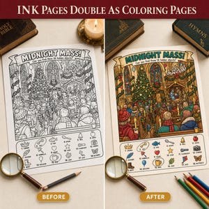 May include: Two activity sheets titled Midnight Mass, one in black and white and one in color, featuring a church scene with a Christmas tree and a list of 18 hidden objects to find. A magnifying glass and pencils are placed near the sheets.