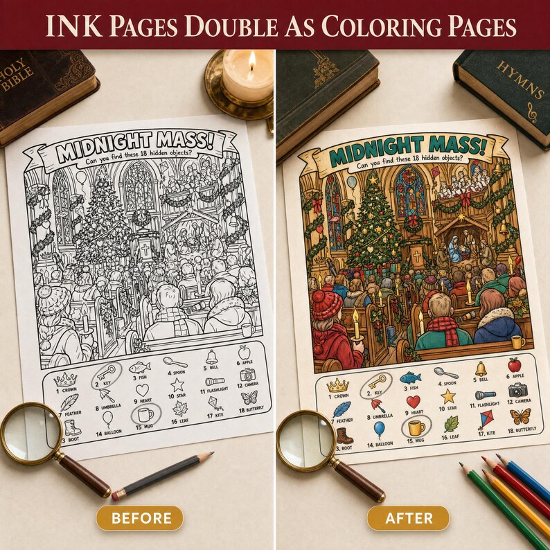 May include: Two activity sheets titled Midnight Mass, one in black and white and one in color, featuring a church scene with a Christmas tree and a list of 18 hidden objects to find. A magnifying glass and pencils are placed near the sheets.