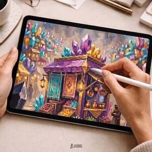 May include: A tablet displaying a pixelated digital illustration of a vibrant marketplace with purple stalls, colorful crystals, and glowing lanterns. The screen shows a detailed scene with geometric patterns and a rich color palette of gold, blue, and magenta.