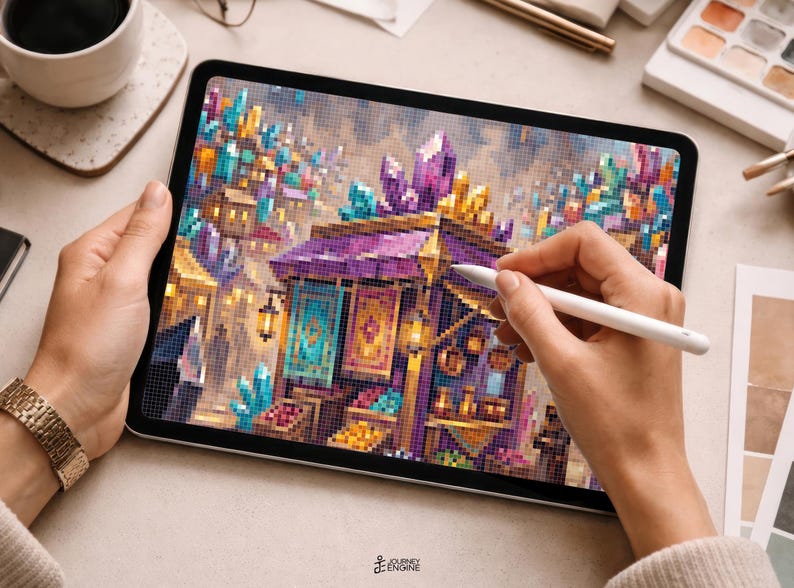 May include: A tablet displaying a pixelated digital illustration of a vibrant marketplace with purple stalls, colorful crystals, and glowing lanterns. The screen shows a detailed scene with geometric patterns and a rich color palette of gold, blue, and magenta.