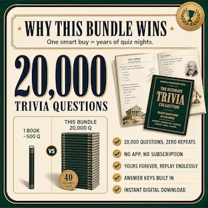 Puede incluir: Un gr&aacute;fico digital que promociona un paquete de trivia con el texto 20,000 TRIVIA QUESTIONS y THE ULTIMATE TRIVIA COLLECTION. Muestra un libro individual frente a una pila de 40 vol&uacute;menes, un libro abierto con contenido de cuestionario y una lista.