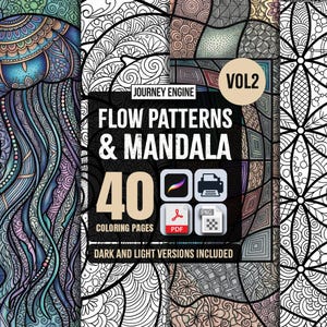 May include: A digital colouring book collection titled Journey Engine Flow Patterns & Mandala Vol 2 featuring 40 colouring pages. The cover displays a blue jellyfish illustration, abstract line art, and icons for Procreate, PDF, and PNG file formats.