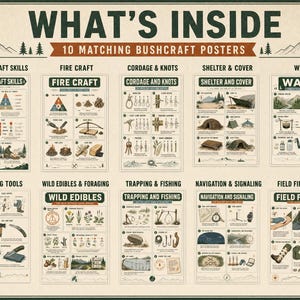 K&ouml;nnte beinhalten: Ein Set aus zehn lehrreichen Bushcraft-Postern mit der &Uuml;berschrift WHAT'S INSIDE 10 MATCHING BUSHCRAFT POSTERS. Jedes Poster enth&auml;lt detaillierte Illustrationen und Texte zu Themen wie Feuer machen, Knoten, Unterst&auml;nde und Erste Hilfe.