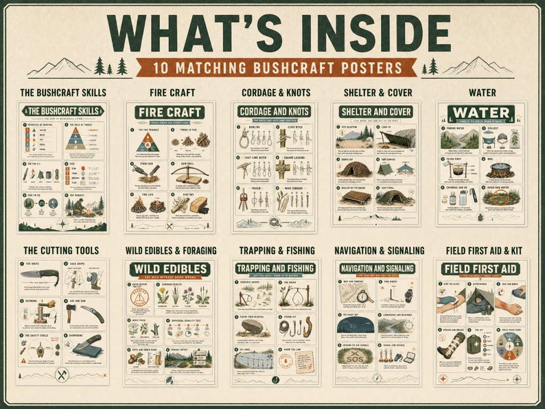 K&ouml;nnte beinhalten: Ein Set aus zehn lehrreichen Bushcraft-Postern mit der &Uuml;berschrift WHAT'S INSIDE 10 MATCHING BUSHCRAFT POSTERS. Jedes Poster enth&auml;lt detaillierte Illustrationen und Texte zu Themen wie Feuer machen, Knoten, Unterst&auml;nde und Erste Hilfe.