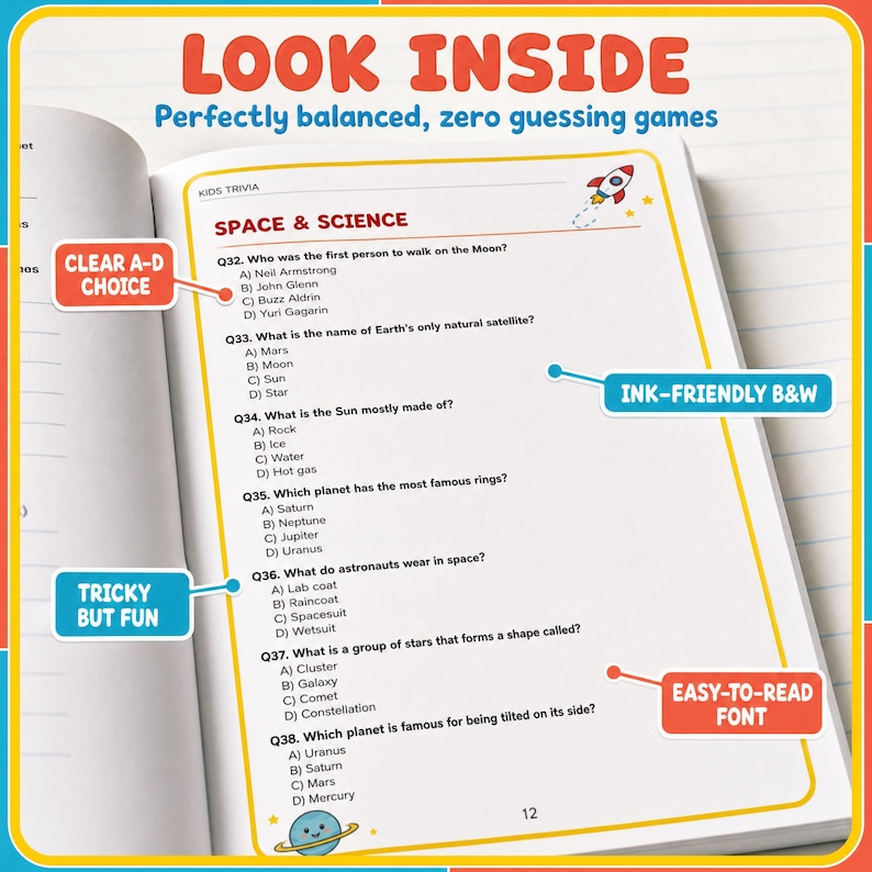 May include: A page from a kids trivia book titled Space & Science, featuring multiple-choice questions numbered 32 through 38. The page includes a small rocket illustration, a planet graphic at the bottom, and text labels pointing to features.