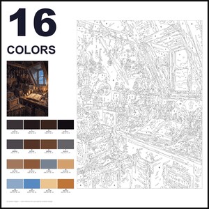 May include: A paint-by-number kit featuring a numbered outline of a cluttered attic study with a desk, an open book, and a window. The kit includes a small color reference image, a palette of 16 distinct paint colors with RGB codes, and a large numbered canvas.