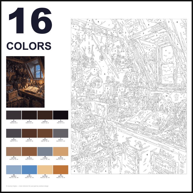 May include: A paint-by-number kit featuring a numbered outline of a cluttered attic study with a desk, an open book, and a window. The kit includes a small color reference image, a palette of 16 distinct paint colors with RGB codes, and a large numbered canvas.