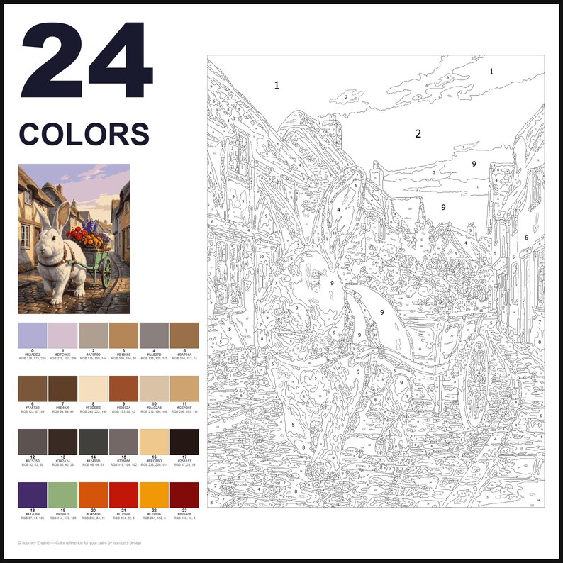 May include: A paint-by-numbers kit featuring a large rabbit pulling a cart filled with flowers on a cobblestone street. The set includes a numbered outline template, a small reference image, and a palette of 24 distinct paint colors.