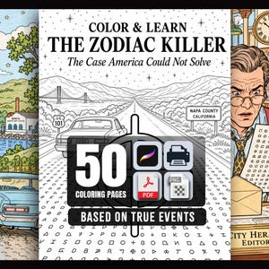 Może przedstawiać: Cyfrowa kolorowanka zatytułowana Color & Learn The Zodiac Killer: The Case America Could Not Solve, zawierająca 50 stron opartych na prawdziwych wydarzeniach. Okładka przedstawia liniowy rysunek krajobrazu z samochodem, drogą i symbolami.