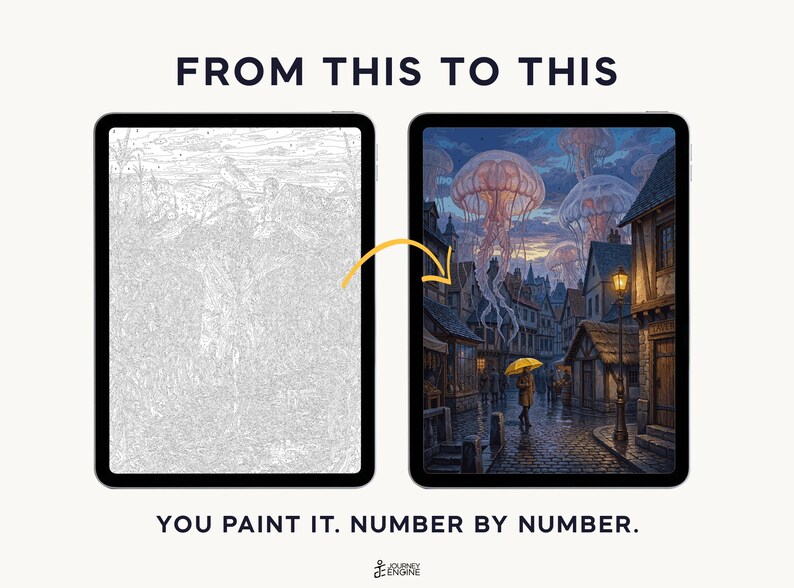 May include: Two tablets display a paint-by-number process. The left screen shows a grayscale line art template, while the right screen shows a finished, colorful scene of a rainy street with giant jellyfish in the sky. Text reads FROM THIS TO THIS and YOU PAINT IT. NUMBER BY NUMBER.
