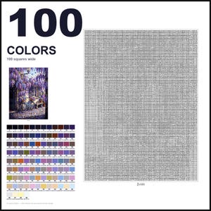 May include: A paint-by-numbers kit featuring a grid of 100 squares wide, a reference image of a purple wisteria-covered building with a bicycle, and a color palette chart with 100 numbered swatches and corresponding hex codes for painting.