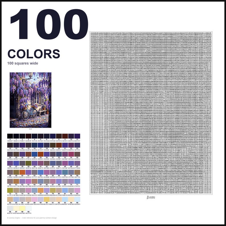 May include: A paint-by-numbers kit featuring a grid of 100 squares wide, a reference image of a purple wisteria-covered building with a bicycle, and a color palette chart with 100 numbered swatches and corresponding hex codes for painting.
