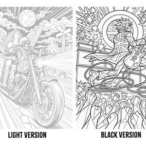 Pode incluir: Duas p&aacute;ginas para colorir em preto e branco. O lado esquerdo mostra um esqueleto numa motocicleta com uma figura alada numa estrada deserta. O lado direito mostra um m&uacute;sico de estilo geom&eacute;trico a tocar guitarra el&eacute;trica para uma multid&atilde;o.