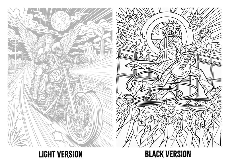 Pode incluir: Duas p&aacute;ginas para colorir em preto e branco. O lado esquerdo mostra um esqueleto numa motocicleta com uma figura alada numa estrada deserta. O lado direito mostra um m&uacute;sico de estilo geom&eacute;trico a tocar guitarra el&eacute;trica para uma multid&atilde;o.