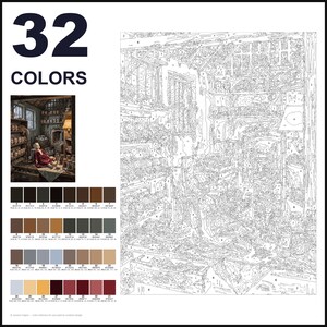 May include: A paint-by-numbers kit featuring 32 colors with a numbered outline template of a room filled with shelves, jars, and a doll. The set includes a small reference image of the finished scene and a color palette chart with hex codes.