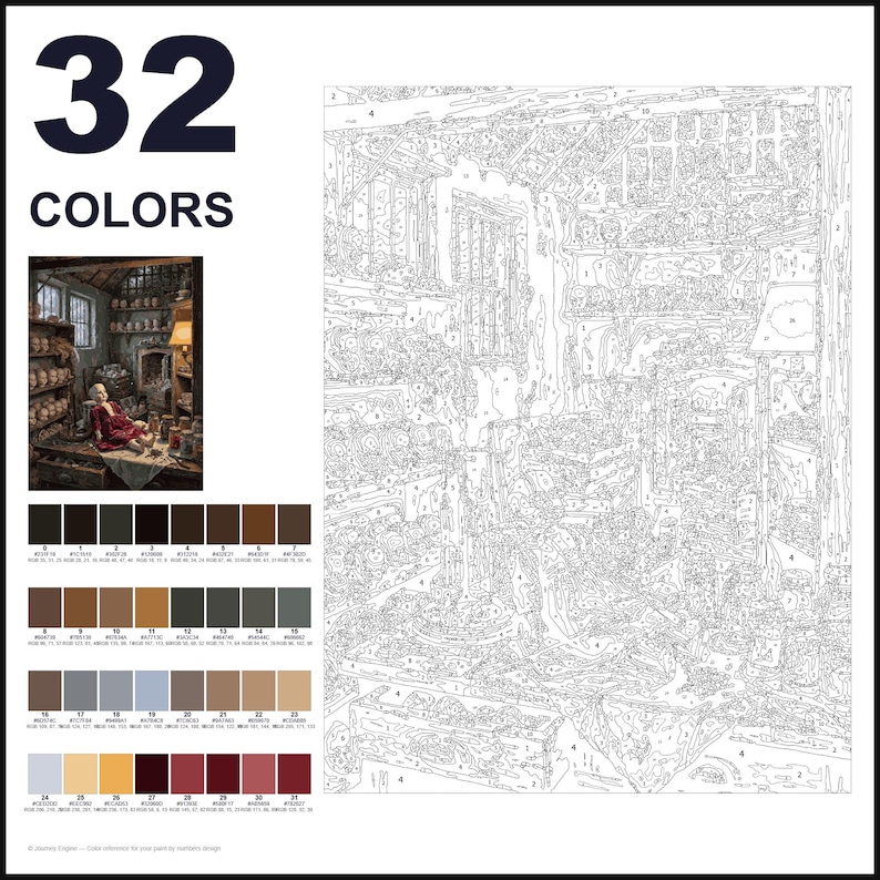 May include: A paint-by-numbers kit featuring 32 colors with a numbered outline template of a room filled with shelves, jars, and a doll. The set includes a small reference image of the finished scene and a color palette chart with hex codes.