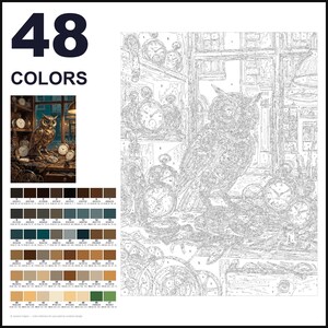 May include: A paint-by-numbers kit featuring 48 colors and a line art template of an owl surrounded by various clocks and gears. The set includes a small color reference image showing the finished scene and a numbered grid for painting.