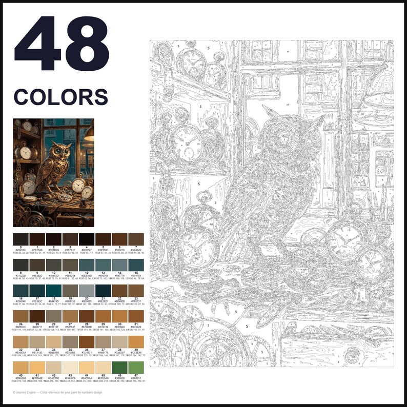 May include: A paint-by-numbers kit featuring 48 colors and a line art template of an owl surrounded by various clocks and gears. The set includes a small color reference image showing the finished scene and a numbered grid for painting.