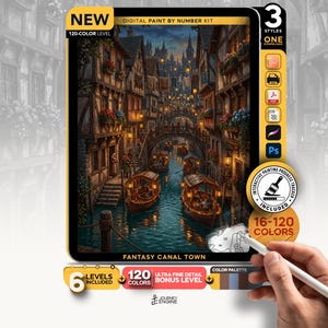 May include: A digital paint by number kit titled Fantasy Canal Town featuring a detailed illustration of a canal with wooden boats, stone bridges, and timber-framed buildings. The kit includes 120 colors, an interactive progress tracker, and 6 levels.