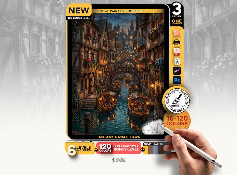 May include: A digital paint by number kit titled Fantasy Canal Town featuring a detailed illustration of a canal with wooden boats, stone bridges, and timber-framed buildings. The kit includes 120 colors, an interactive progress tracker, and 6 levels.