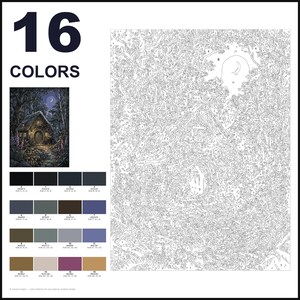 May include: A paint-by-numbers kit featuring a cottage in a forest scene with a crescent moon. The kit includes a numbered outline canvas, a small reference image of the finished painting, and a palette of 16 colors with RGB values.