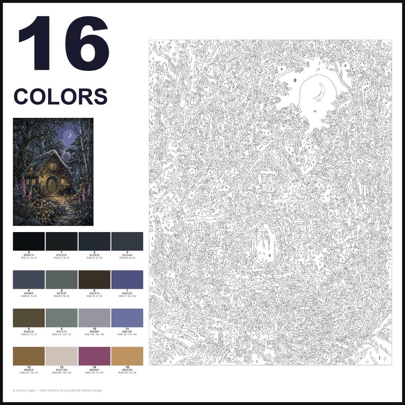 May include: A paint-by-numbers kit featuring a cottage in a forest scene with a crescent moon. The kit includes a numbered outline canvas, a small reference image of the finished painting, and a palette of 16 colors with RGB values.