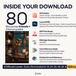 May include: A digital download package containing 80 files across 6 levels and 3 bonus guides. Includes SVG, layered PSD, PDF, and high-resolution PNG formats. Features a color reference guide and finished artwork preview for an owl and clock illustration.