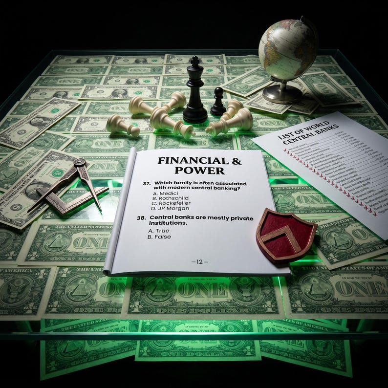 K&ouml;nnte beinhalten: Ein Stillleben mit Schachbrett und gefallenen Figuren, einem Globus und einem Dokument mit dem Titel "Liste der Weltzentralbanken". Die Szene spielt sich auf einer Oberfl&auml;che ab, die mit US-Dollar-Scheinen bedeckt ist, mit einem ge&ouml;ffneten Buch.