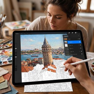 May include: A digital painting in progress on a tablet, depicting a cityscape with a prominent tower. A stylus is used to add details to the artwork. Paint palettes and fabric swatches are on the wooden table. The person is focused on the digital art.