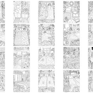 Puede incluir: Una colecci&oacute;n de veinte ilustraciones de arte lineal en blanco y negro que representan varias escenas de dormitorios. Cada imagen presenta dibujos detallados de camas, ropa de cama, muebles y elementos de decoraci&oacute;n interior.