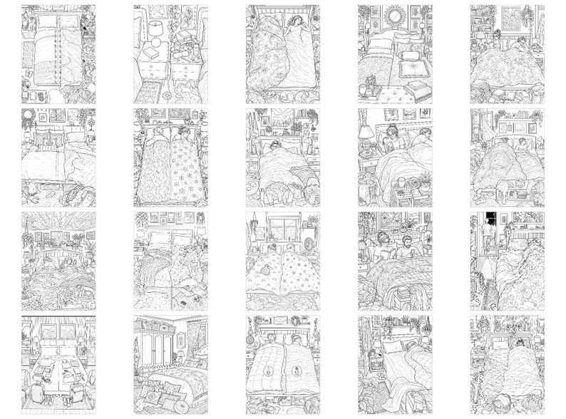 Puede incluir: Una colecci&oacute;n de veinte ilustraciones de arte lineal en blanco y negro que representan varias escenas de dormitorios. Cada imagen presenta dibujos detallados de camas, ropa de cama, muebles y elementos de decoraci&oacute;n interior.