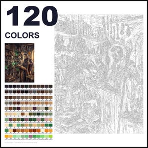May include: A paint-by-numbers kit featuring 120 colors and a detailed line art outline of a wizard in a library with skeletons. The set includes a small color reference image showing the finished scene and a grid of 120 numbered color swatches.