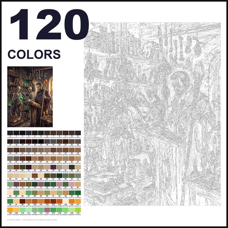 May include: A paint-by-numbers kit featuring 120 colors and a detailed line art outline of a wizard in a library with skeletons. The set includes a small color reference image showing the finished scene and a grid of 120 numbered color swatches.