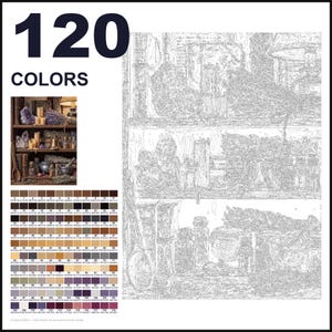 May include: A paint-by-numbers kit featuring a 120-color palette, a small reference image of a rustic shelf with apothecary items, and a large outlined canvas with numbered sections depicting the same shelf scene with jars, herbs, and tools.