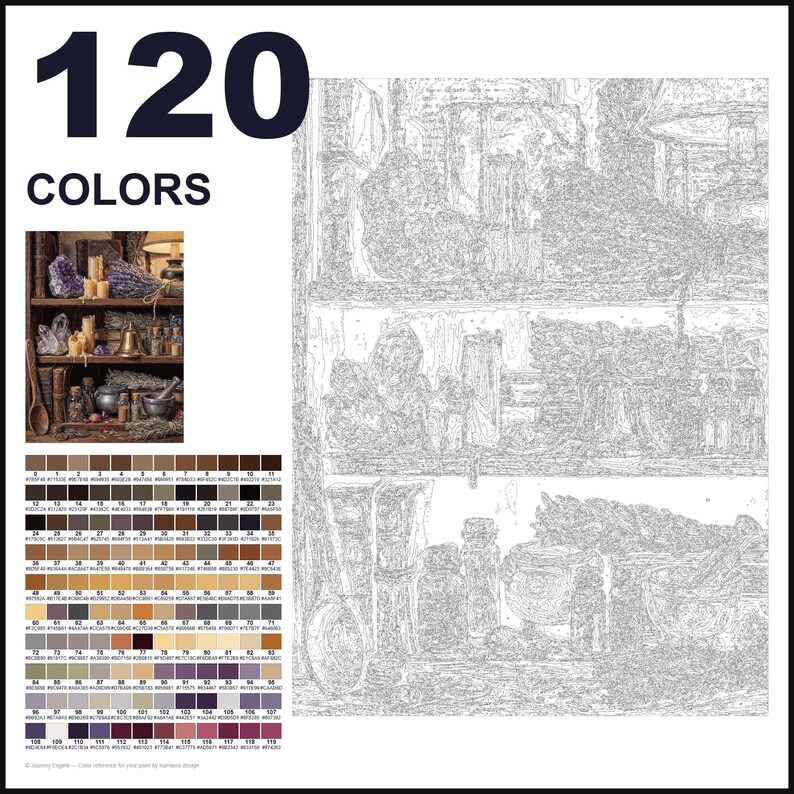 May include: A paint-by-numbers kit featuring a 120-color palette, a small reference image of a rustic shelf with apothecary items, and a large outlined canvas with numbered sections depicting the same shelf scene with jars, herbs, and tools.