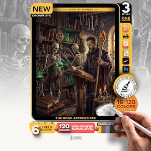 May include: A digital paint by number kit titled The Bone Apprentices featuring a wizard and two skeletons in a library. The kit includes 120 colors, an interactive progress tracker, and multiple file formats for digital painting software applications.