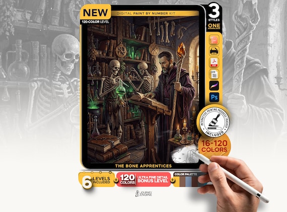 Wizard and Skeletons paint by numbers digital kit, Dark Fantasy Alchemy Art