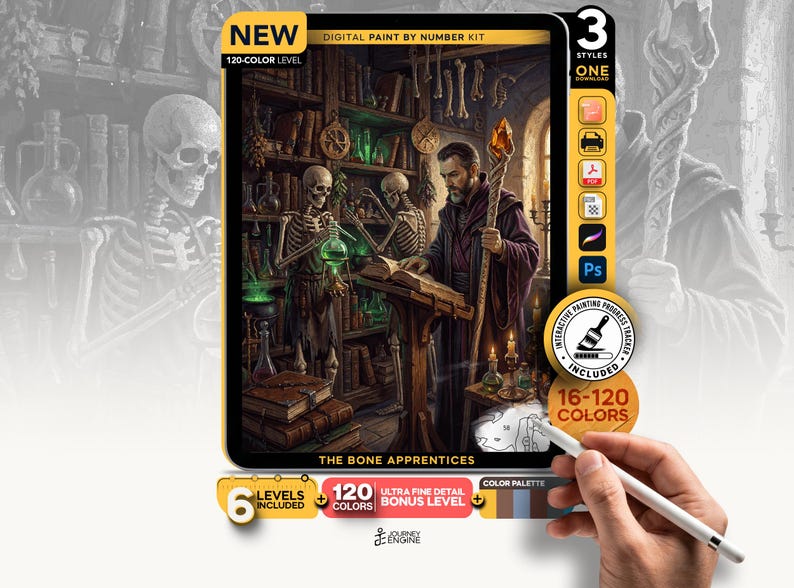 May include: A digital paint by number kit titled The Bone Apprentices featuring a wizard and two skeletons in a library. The kit includes 120 colors, an interactive progress tracker, and multiple file formats for digital painting software applications.