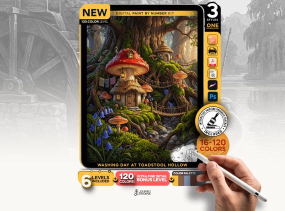 Whimsical Mushroom paint by numbers digital kit, Cozy Fantasy Gnome Home Art