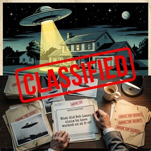 K&ouml;nnte beinhalten: Eine Illustration zeigt ein UFO &uuml;ber einem Haus bei Nacht, mit einem Lichtstrahl, der nach unten scheint. Das Wort "CLASSIFIED" ist &uuml;ber das Bild gestempelt. Darunter sind Dokumente mit der Aufschrift "TOP SECRET" und eine Quizfrage zu Bob Lazar zu sehen.
