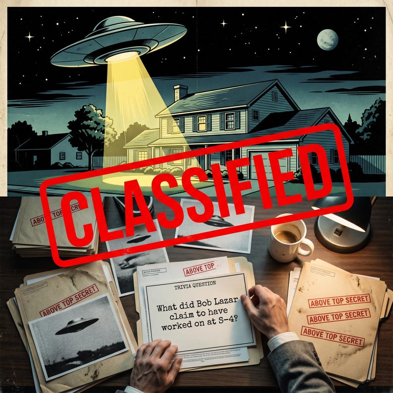 K&ouml;nnte beinhalten: Eine Illustration zeigt ein UFO &uuml;ber einem Haus bei Nacht, mit einem Lichtstrahl, der nach unten scheint. Das Wort "CLASSIFIED" ist &uuml;ber das Bild gestempelt. Darunter sind Dokumente mit der Aufschrift "TOP SECRET" und eine Quizfrage zu Bob Lazar zu sehen.