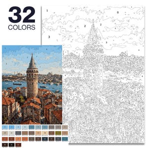 May include: Paint-by-numbers kit depicting a cityscape with a prominent tower, buildings, and water. The kit includes a colour-coded image and a palette of 32 colours. The image shows a completed painting of the Galata Tower in Istanbul.