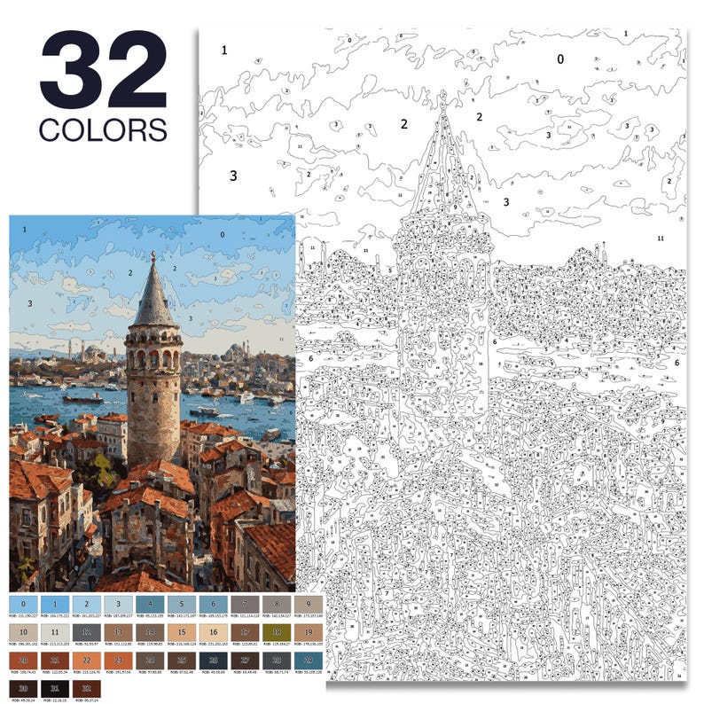 May include: Paint-by-numbers kit depicting a cityscape with a prominent tower, buildings, and water. The kit includes a colour-coded image and a palette of 32 colours. The image shows a completed painting of the Galata Tower in Istanbul.