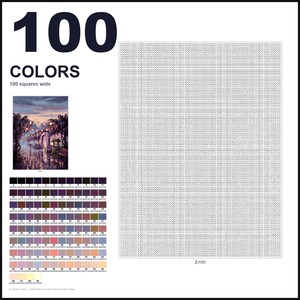 May include: A paint-by-numbers kit featuring a large grid with 100 numbered squares wide, a color reference chart with 100 distinct color swatches, and a small preview image of a landscape with a stone archway, lanterns, and a calm body of water.